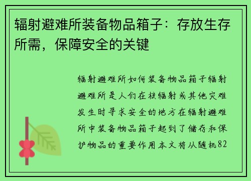 辐射避难所装备物品箱子：存放生存所需，保障安全的关键